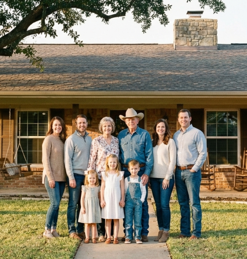 Multi-generational Texas family in front of their home